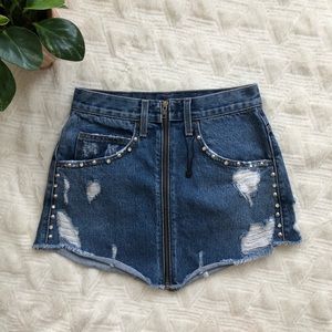 LF Carmar Zip Front Embellished Denim Mini Skirt